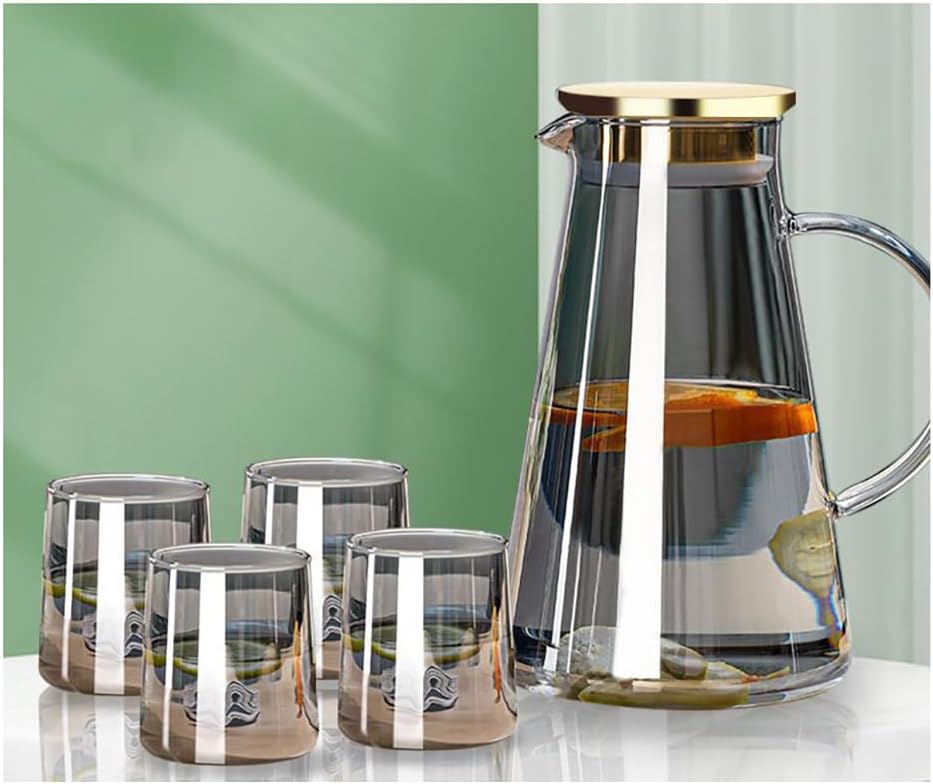Elevate Your Dining Experience with Our 5-Piece Elegant Glass Pitcher Set - Includes 4 Stylish Tumbler Cups and Lid for Hot & Cold Beverages