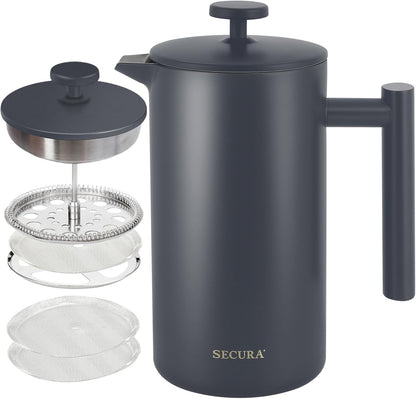 French Press Coffee Maker, 304 Grade Stainless Steel Insulated Coffee Press with 2 Extra Screens, 12Oz (0.35 Litre), Silver (SFP-12DS)