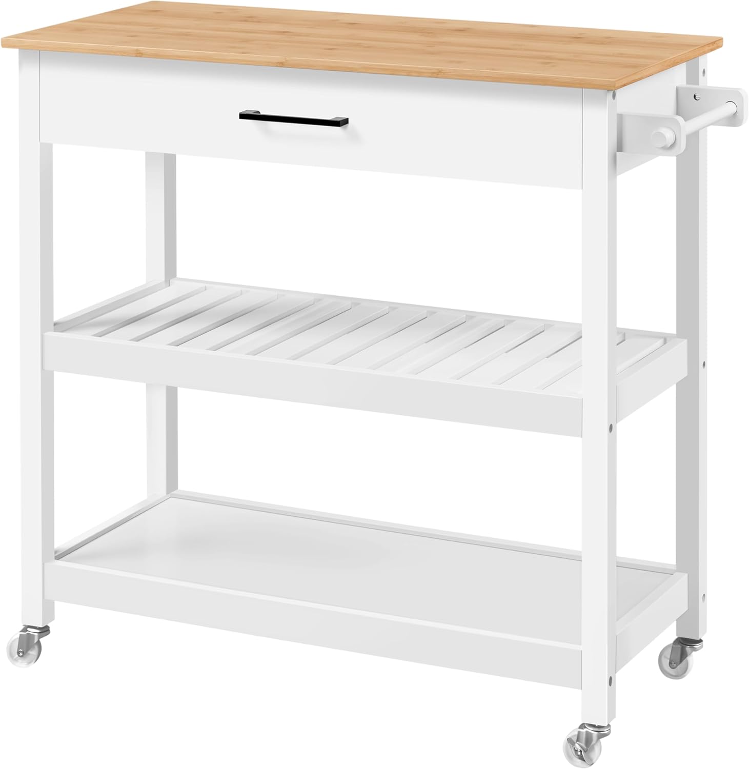 Modern 40" Kitchen Island Cart on Wheels with Solid Bamboo Top, Spacious Drawer, and 2 Tiered Storage Shelves - Versatile Serving Trolley in White