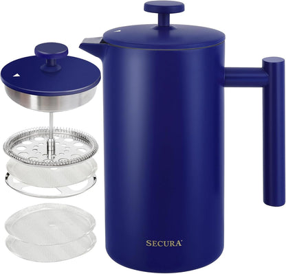 French Press Coffee Maker, 304 Grade Stainless Steel Insulated Coffee Press with 2 Extra Screens, 12Oz (0.35 Litre), Silver (SFP-12DS)