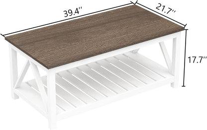 Charming Farmhouse Coffee Table - Rustic Vintage Design with Convenient Storage Shelf in Elegant White
