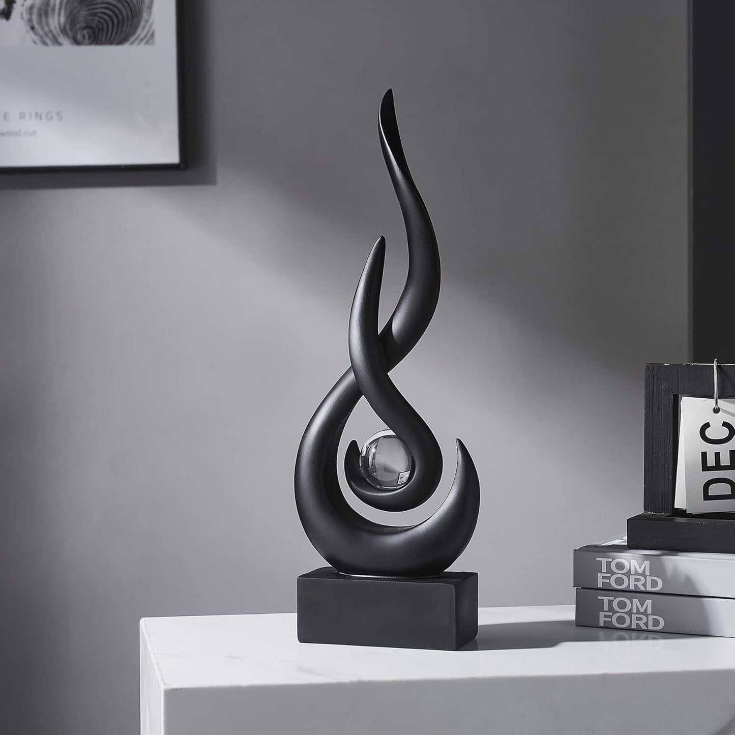 Elegant Black Flame Statue - Modern Resin Home Décor Accent for Living Room, 13.7" High Abstract Art Piece for Dining Room and Office
