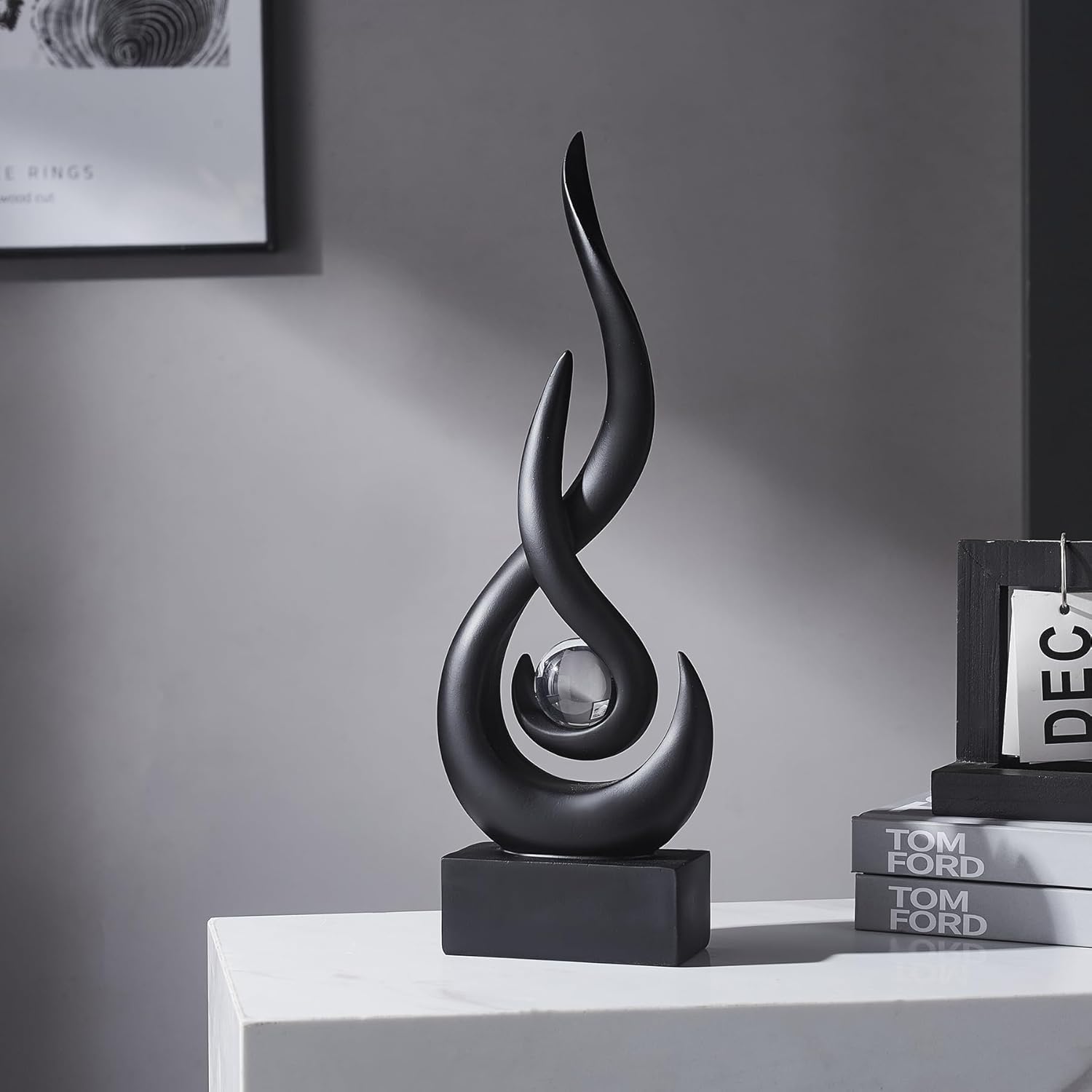 Elegant Black Flame Statue - Modern Resin Home Décor Accent for Living Room, 13.7" High Abstract Art Piece for Dining Room and Office