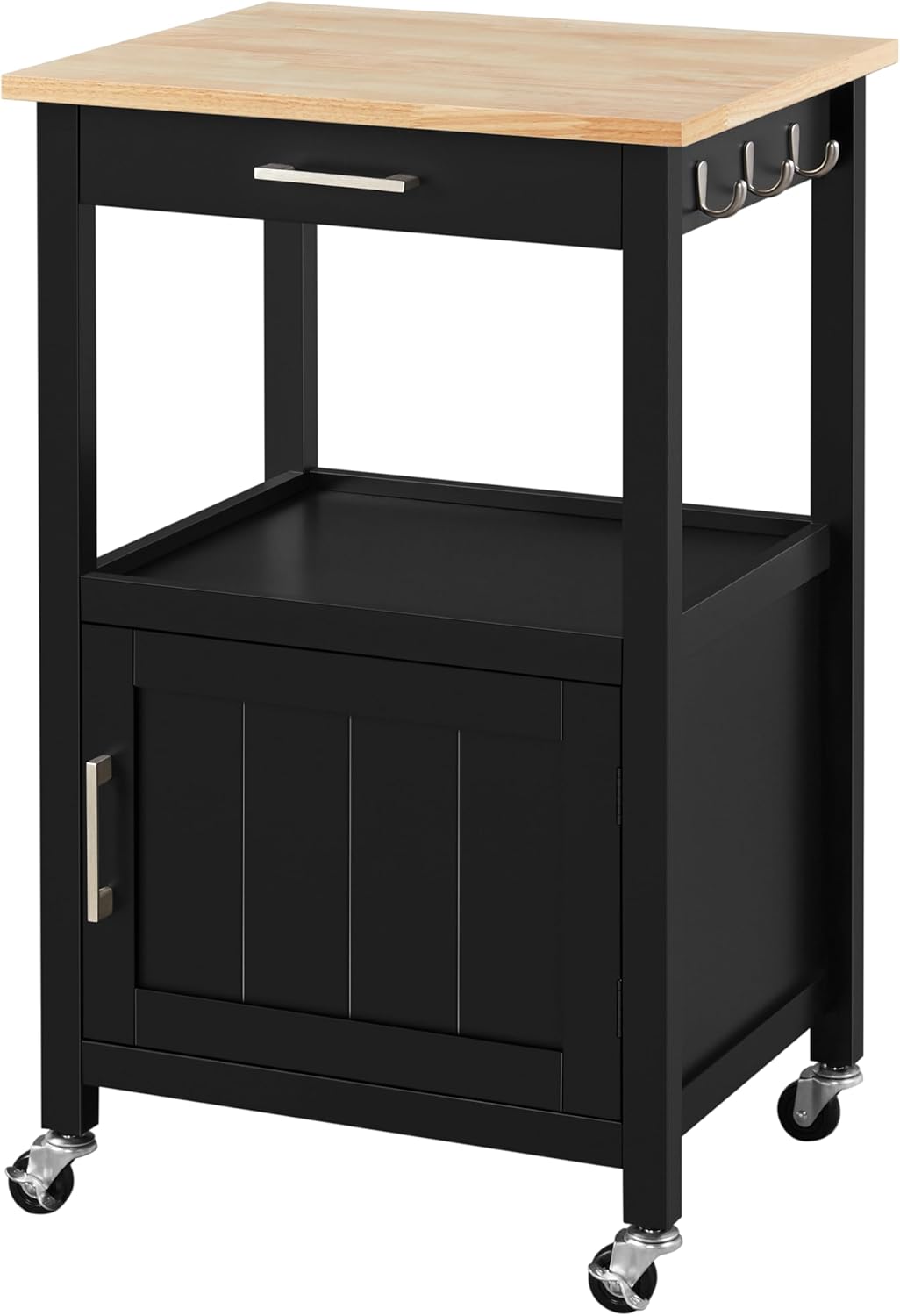 Versatile Black Kitchen Island on Wheels with Wooden Top, Drawer, and Open Shelf for Convenient Storage in Dining Spaces, 22" x 18" x 35"