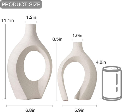 Elegant Snuggle Hollow Ceramic Vase Set of 2 - Boho Nordic Mid Century Modern Decorative Vases for Stylish Home Decor (Cream, 6.8" x 11")
