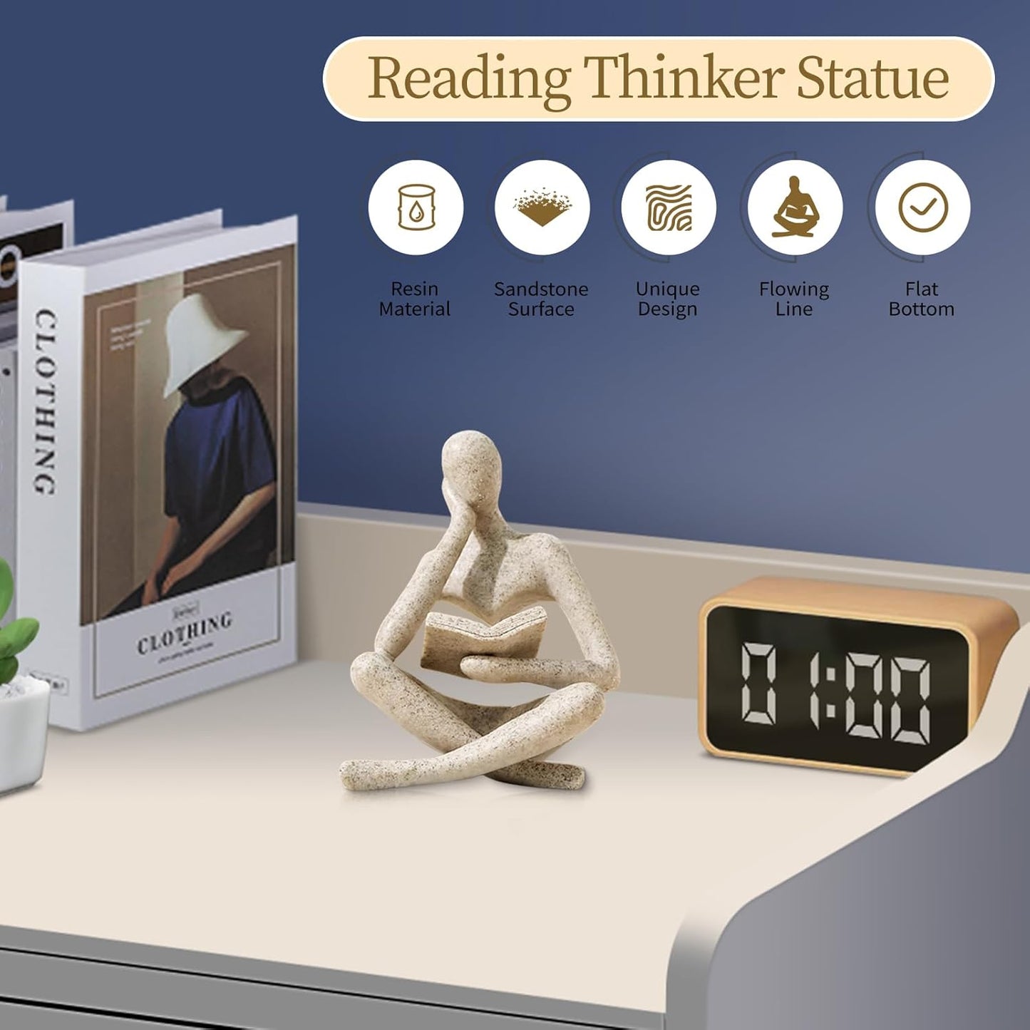 Elegant Beige Thinker Statue - Aesthetic Abstract Reading Sculpture for Modern Home Decor