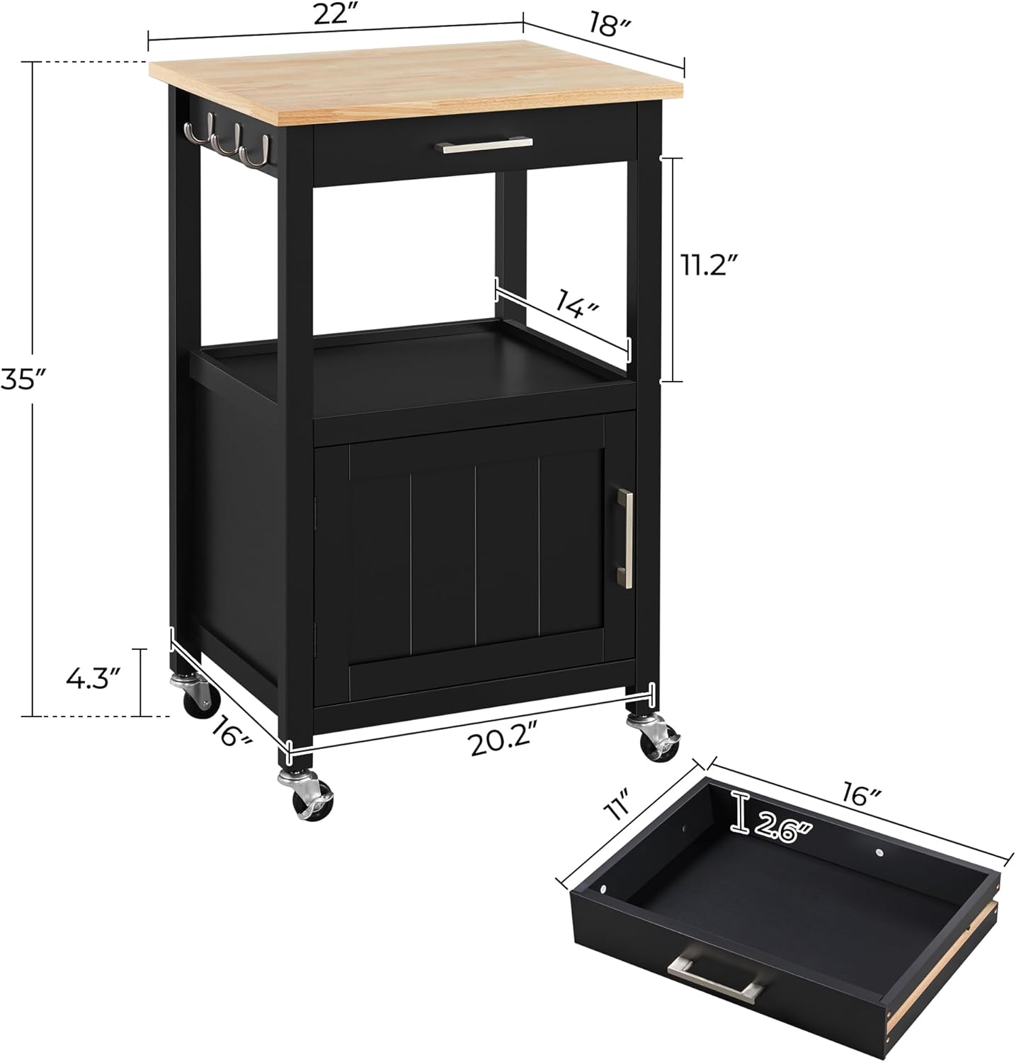 Versatile Black Kitchen Island on Wheels with Wooden Top, Drawer, and Open Shelf for Convenient Storage in Dining Spaces, 22" x 18" x 35"