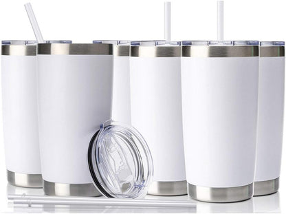 20Oz Tumbler with Lid and Straw, Stainless Steel Vacuum Insulated Coffee Tumbler Cup, Double Wall Powder Coated Travel Mug (White, 1 Pack)