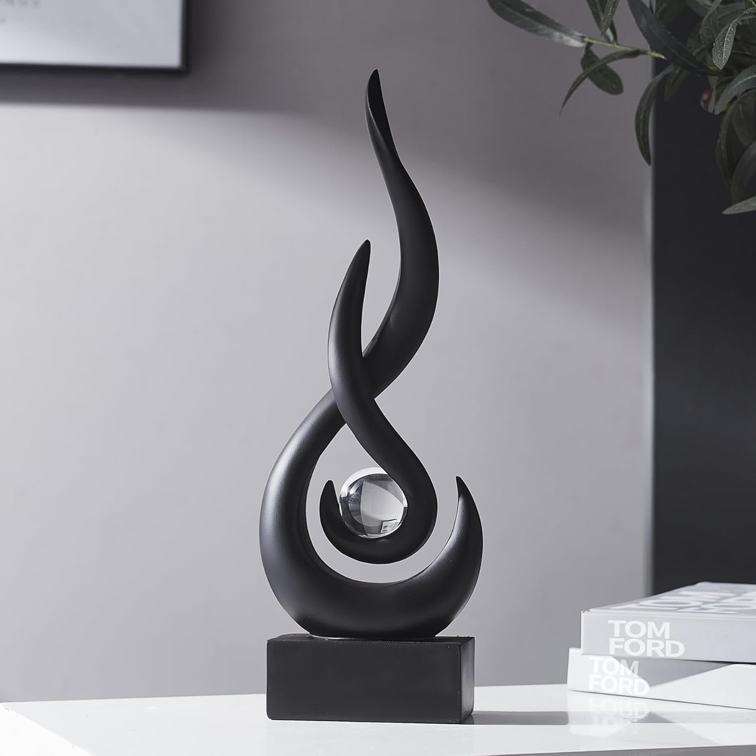 Elegant Black Flame Statue - Modern Resin Home Décor Accent for Living Room, 13.7" High Abstract Art Piece for Dining Room and Office