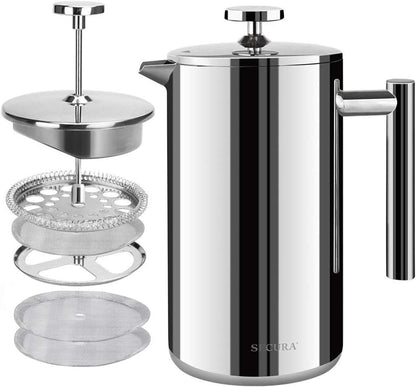 French Press Coffee Maker, 304 Grade Stainless Steel Insulated Coffee Press with 2 Extra Screens, 12Oz (0.35 Litre), Silver (SFP-12DS)