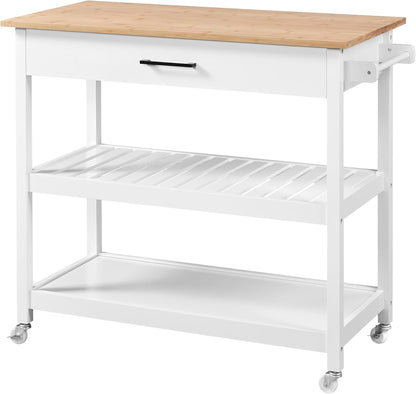 Modern 40" Kitchen Island Cart on Wheels with Solid Bamboo Top, Spacious Drawer, and 2 Tiered Storage Shelves - Versatile Serving Trolley in White