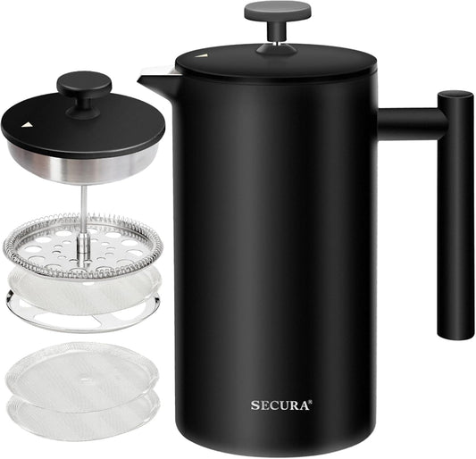 French Press Coffee Maker, 304 Grade Stainless Steel Insulated Coffee Press with 2 Extra Screens, 12Oz (0.35 Litre), Silver (SFP-12DS)