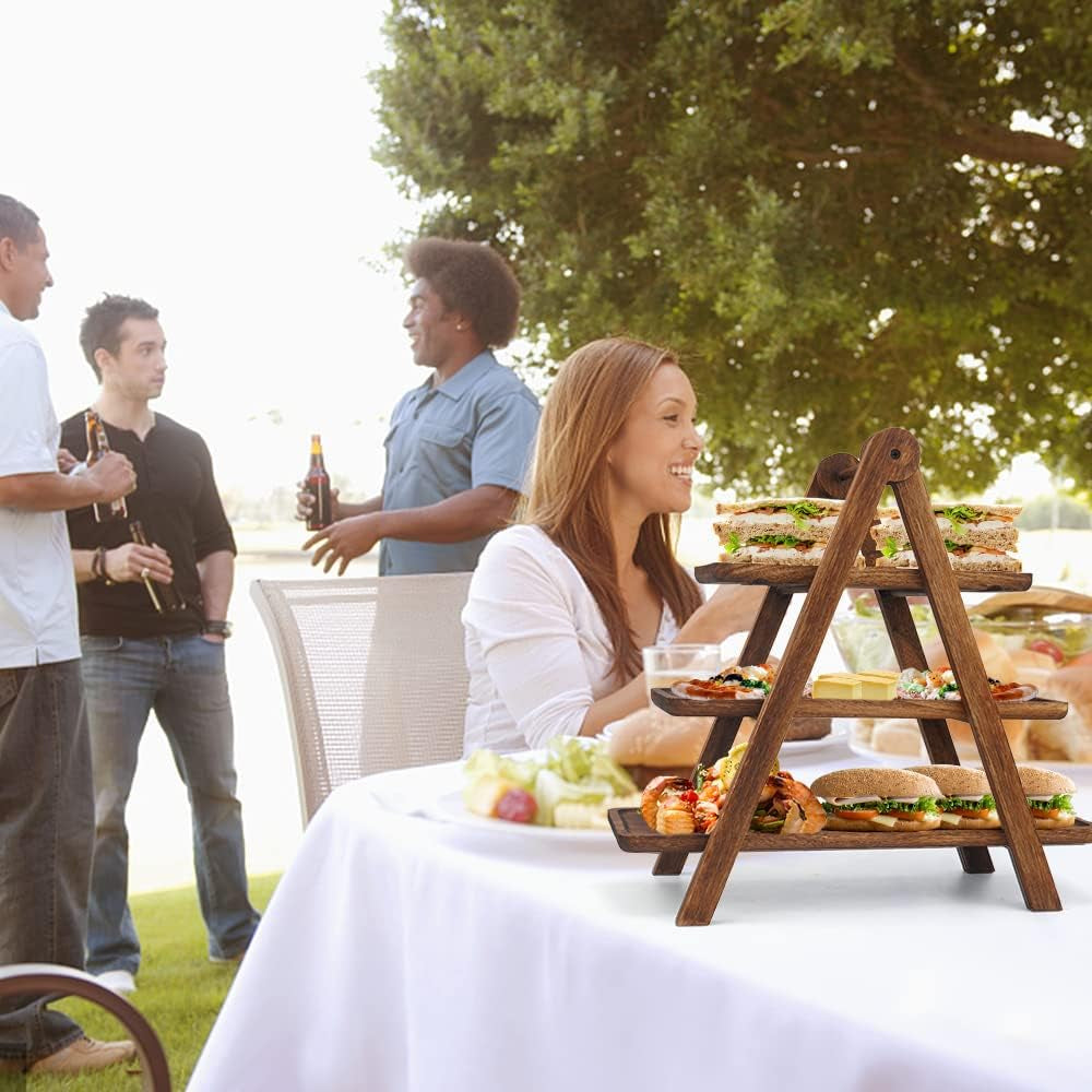 Wood 3 Tier Serving Tray Three Tiered Serving Stand, Rectangle Serving Platter Wooden Farmhouse Tiered Tray, Party Serving Brown Decorative Tray Tray Decor