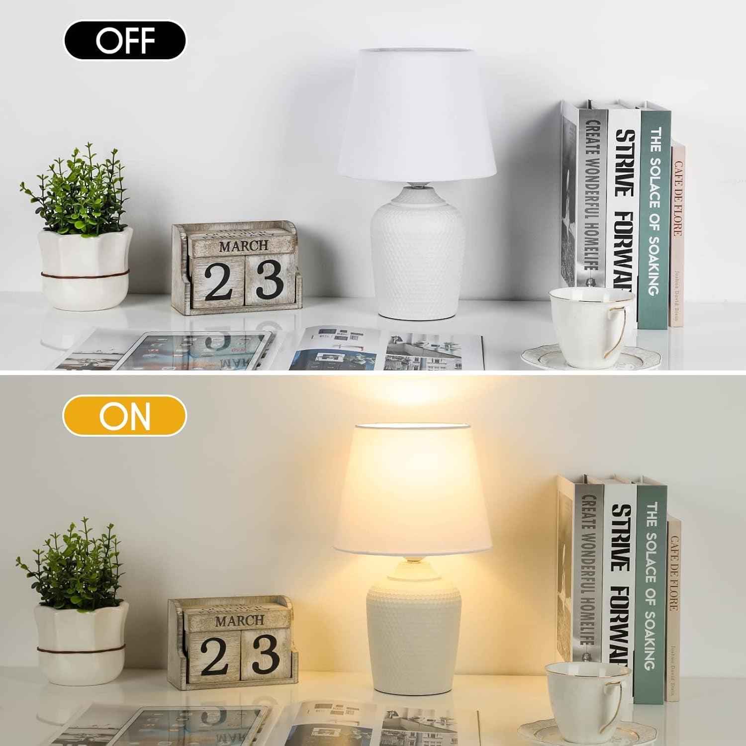 Small 12'' Table Lamps Set of 2, Bedside Nightstand Lamps for Bedroom Kid’S Room, Cute Desk Lamps with Studded Texture Base for Reading Nursery Living Room Office, White