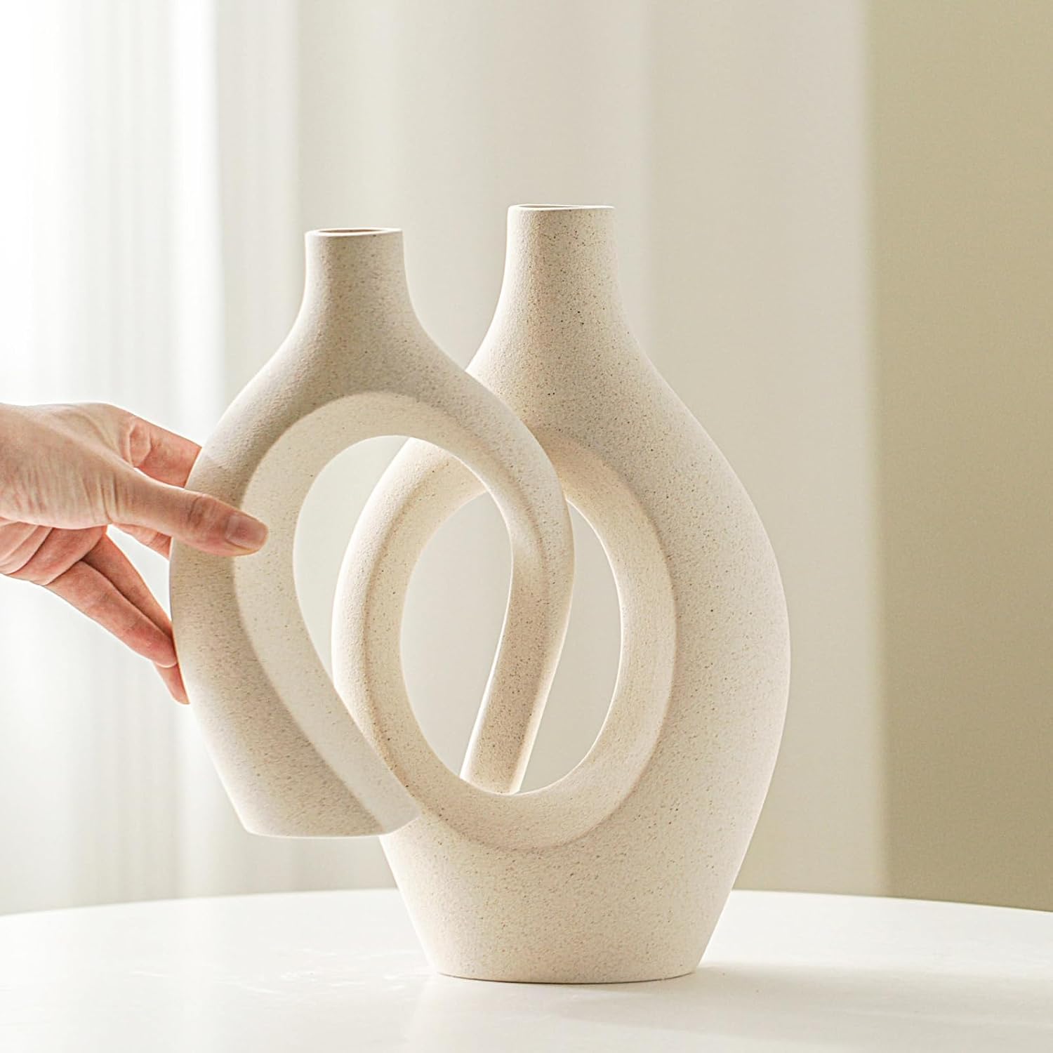 Elegant Snuggle Hollow Ceramic Vase Set of 2 - Boho Nordic Mid Century Modern Decorative Vases for Stylish Home Decor (Cream, 6.8" x 11")