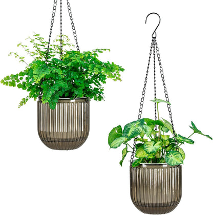 Elegant 2 Pack Self-Watering Hanging Planters - 6.5 Inch Indoor/Outdoor Flower Pots with Drainage Holes and 3 Hooks in Emerald and Gray