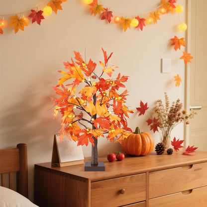 2 Pack 24" Lighted Artificial Maple Trees with 24 LED Lights, Battery Operated Fall Decor Tree, Perfect for Thanksgiving, Autumn Harvest, Weddings & Indoor Table Centerpieces