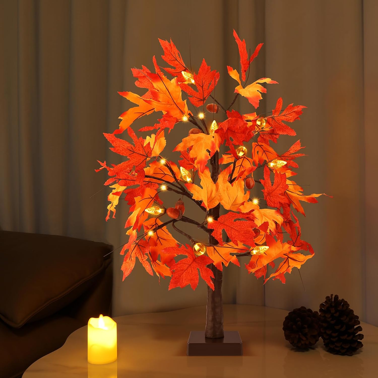 2 Pack 24" Lighted Artificial Maple Trees with 24 LED Lights, Battery Operated Fall Decor Tree, Perfect for Thanksgiving, Autumn Harvest, Weddings & Indoor Table Centerpieces