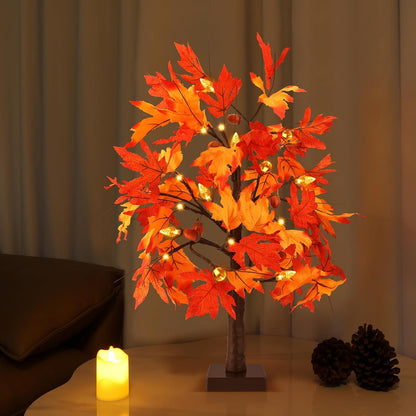 2 Pack 24" Lighted Artificial Maple Trees with 24 LED Lights, Battery Operated Fall Decor Tree, Perfect for Thanksgiving, Autumn Harvest, Weddings & Indoor Table Centerpieces