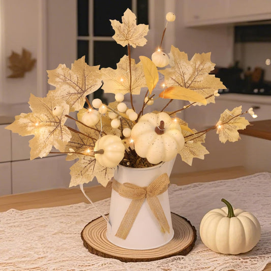 [Light & Timer] Fall Decor Table Centerpiece Potted White Maple Arrangement in Metal Pitcher Neutral Rustic Artificial White Pumpkin Berries Fall Decoration for Home Mantel Autumn Thanksgiving Wedding