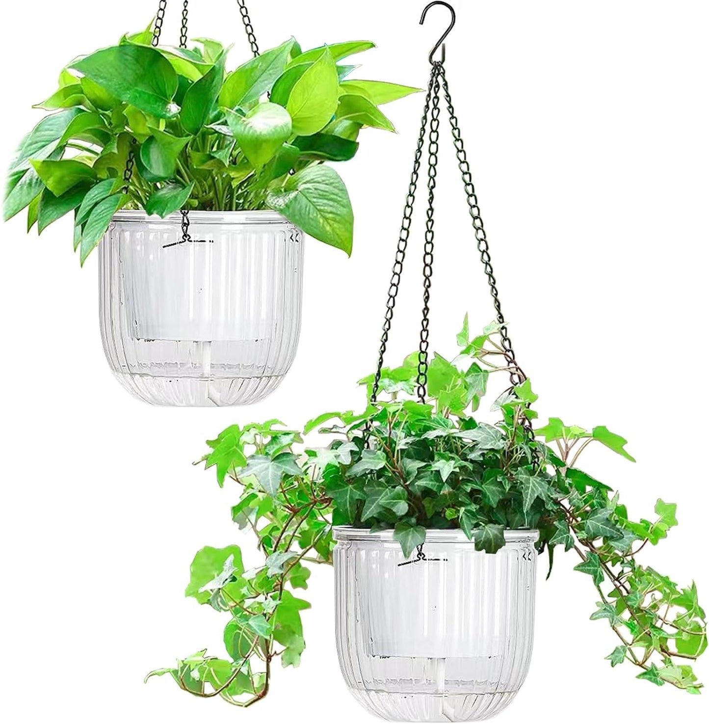 Elegant 2 Pack Self-Watering Hanging Planters - 6.5 Inch Indoor/Outdoor Flower Pots with Drainage Holes and 3 Hooks in Emerald and Gray