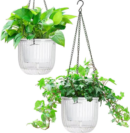Elegant 2 Pack Self-Watering Hanging Planters - 6.5 Inch Indoor/Outdoor Flower Pots with Drainage Holes and 3 Hooks in Emerald and Gray