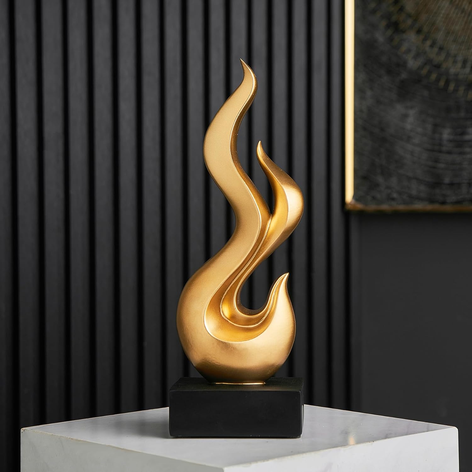 Elegant Black Flame Statue - Modern Resin Home Décor Accent for Living Room, 13.7" High Abstract Art Piece for Dining Room and Office