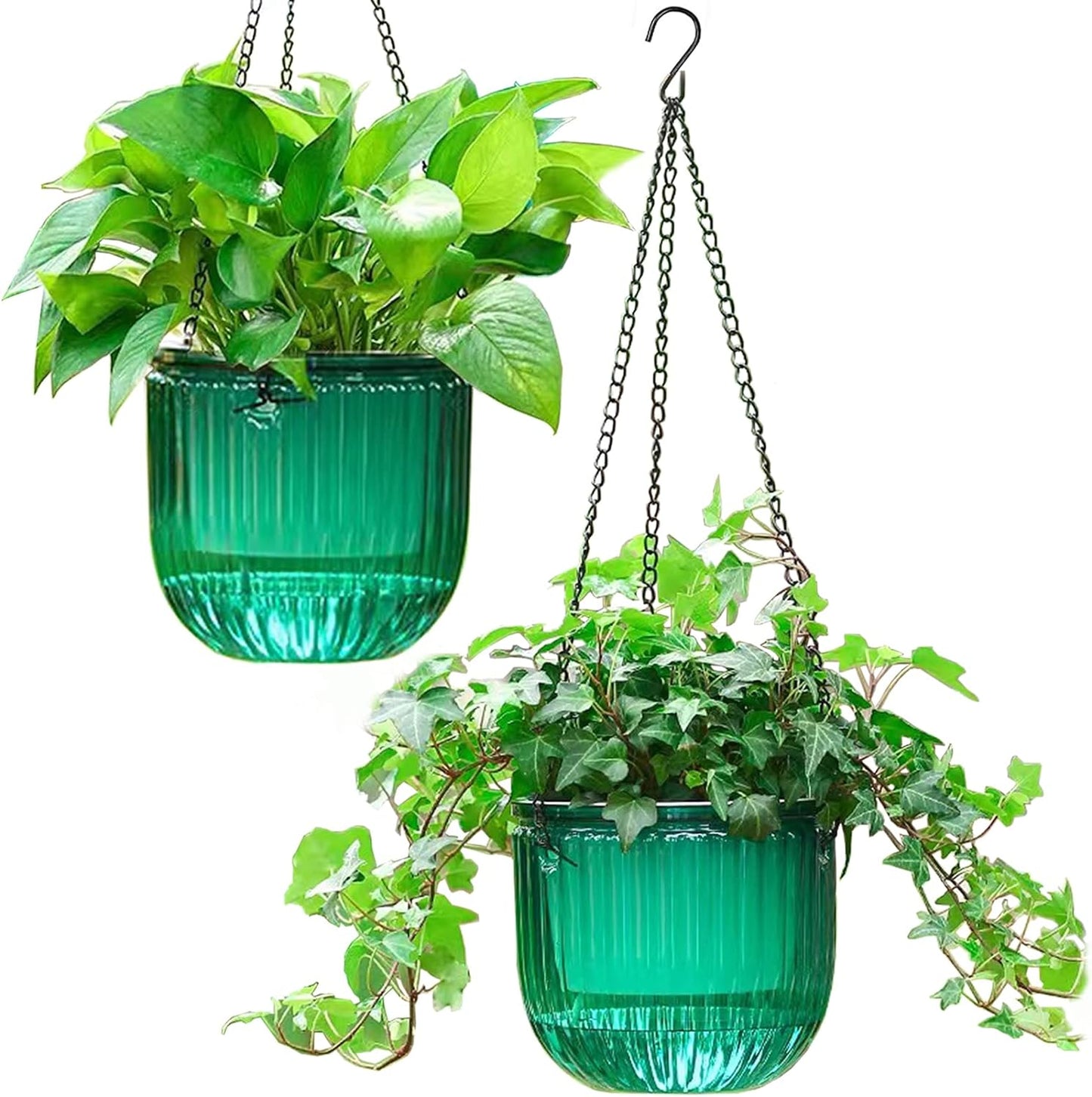 Elegant 2 Pack Self-Watering Hanging Planters - 6.5 Inch Indoor/Outdoor Flower Pots with Drainage Holes and 3 Hooks in Emerald and Gray