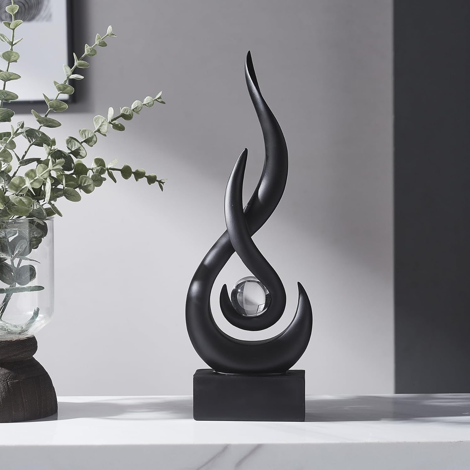 Elegant Black Flame Statue - Modern Resin Home Décor Accent for Living Room, 13.7" High Abstract Art Piece for Dining Room and Office