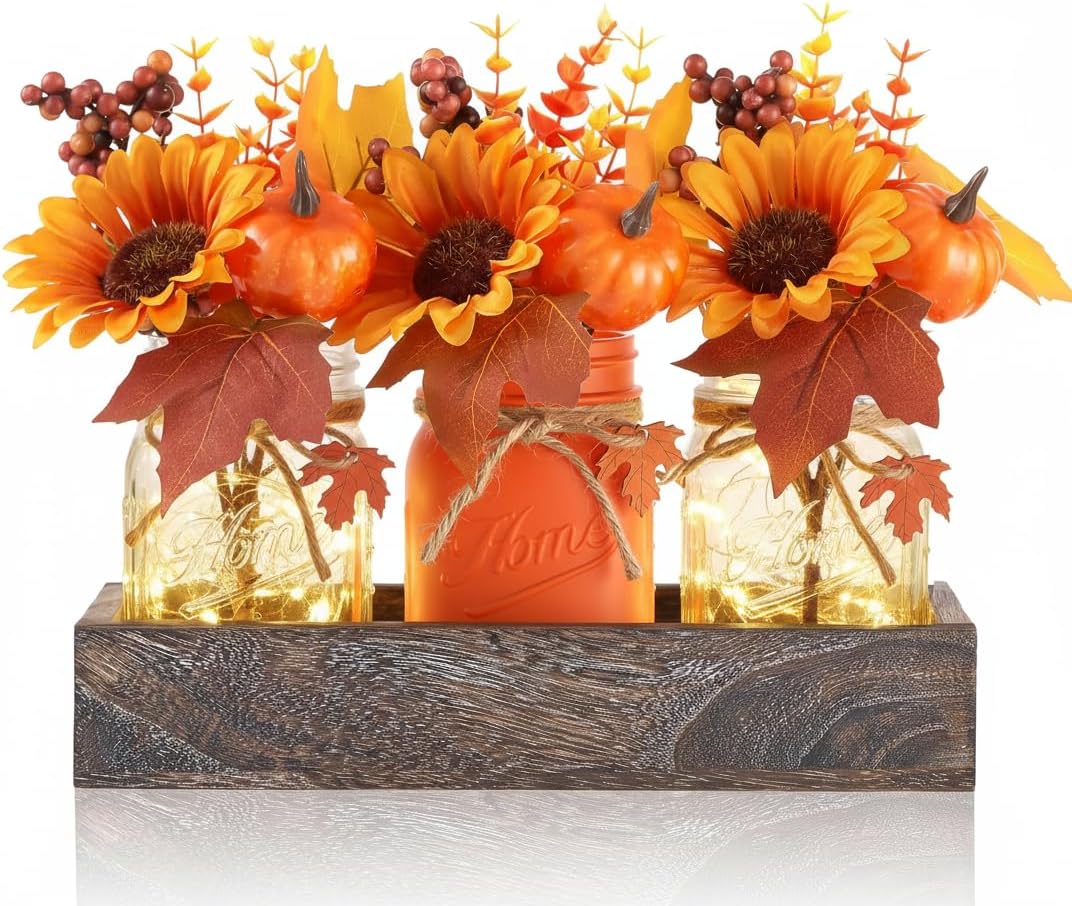 Mason Jar Fall Thanksgiving Centerpieces for Tables Fall Thanksgiving Table Decor, Flower, Wood Tray, Pumpkin Centerpieces Table Decorations for Home Indoor, 25 Pcs Autumn Kitchen Decor