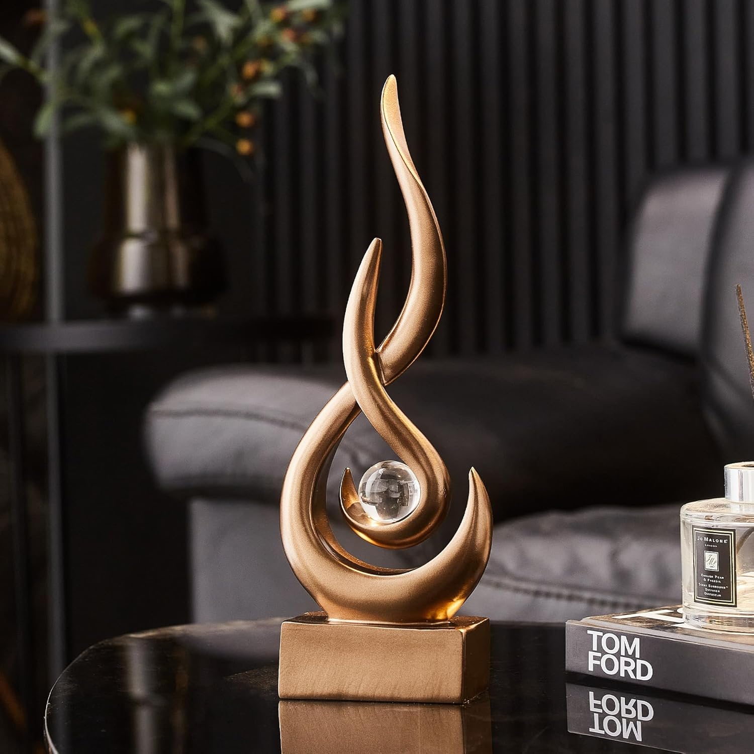 Elegant Black Flame Statue - Modern Resin Home Décor Accent for Living Room, 13.7" High Abstract Art Piece for Dining Room and Office