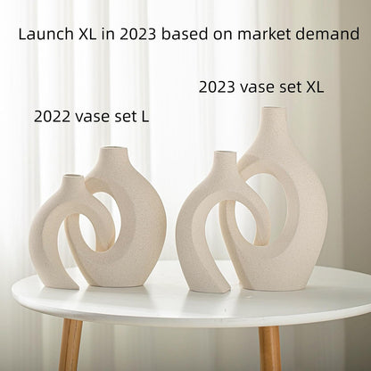 Elegant Snuggle Hollow Ceramic Vase Set of 2 - Boho Nordic Mid Century Modern Decorative Vases for Stylish Home Decor (Cream, 6.8" x 11")