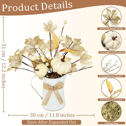 [Light & Timer] Fall Decor Table Centerpiece Potted White Maple Arrangement in Metal Pitcher Neutral Rustic Artificial White Pumpkin Berries Fall Decoration for Home Mantel Autumn Thanksgiving Wedding