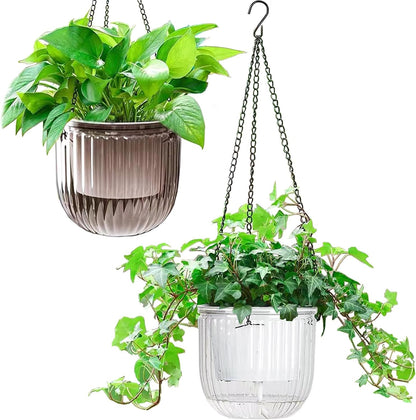 Elegant 2 Pack Self-Watering Hanging Planters - 6.5 Inch Indoor/Outdoor Flower Pots with Drainage Holes and 3 Hooks in Emerald and Gray