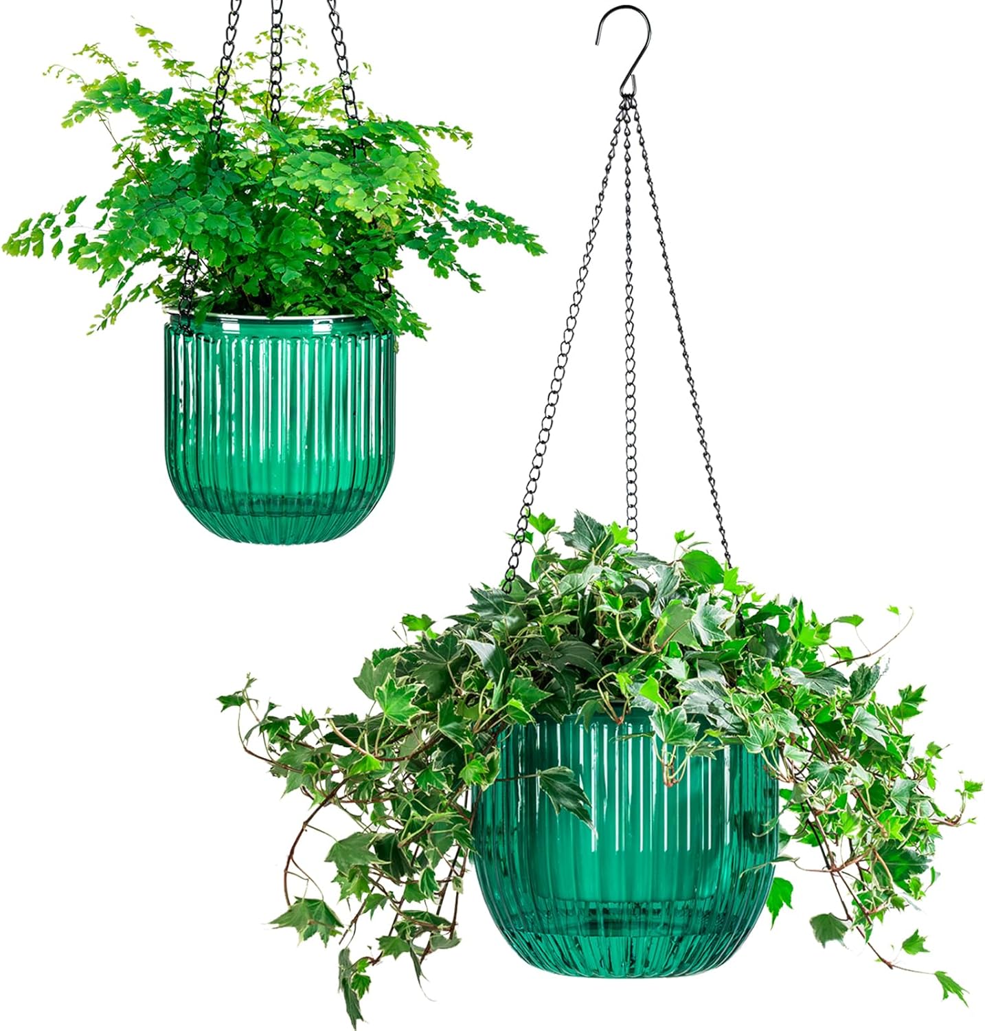 Elegant 2 Pack Self-Watering Hanging Planters - 6.5 Inch Indoor/Outdoor Flower Pots with Drainage Holes and 3 Hooks in Emerald and Gray