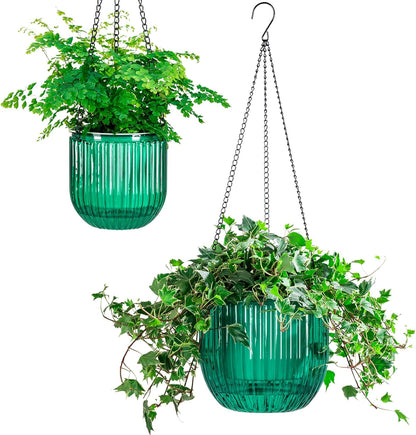 Elegant 2 Pack Self-Watering Hanging Planters - 6.5 Inch Indoor/Outdoor Flower Pots with Drainage Holes and 3 Hooks in Emerald and Gray