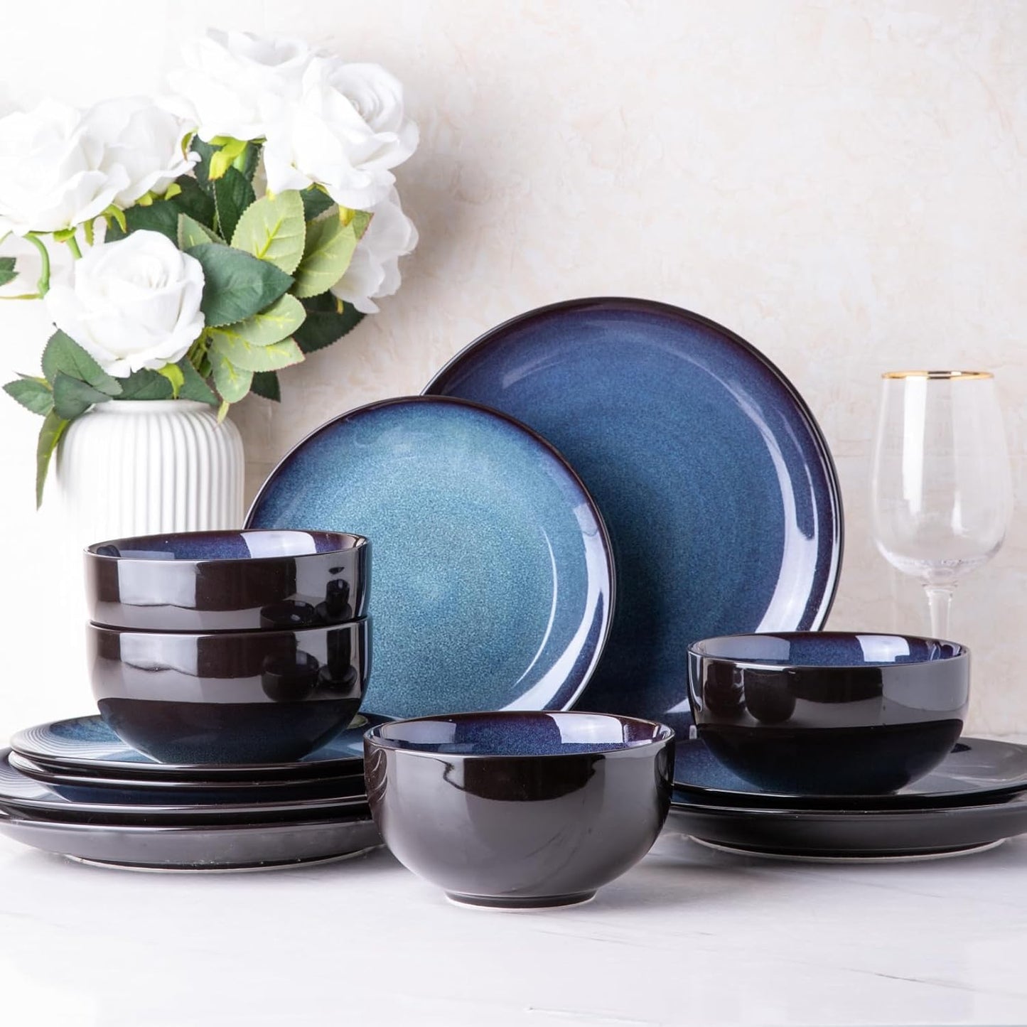 Elevate Your Dining Experience with Our Elegant Ceramic Dinnerware Set for 4 - Stylish, Durable, and Microwave Safe Stoneware Plates and Bowls