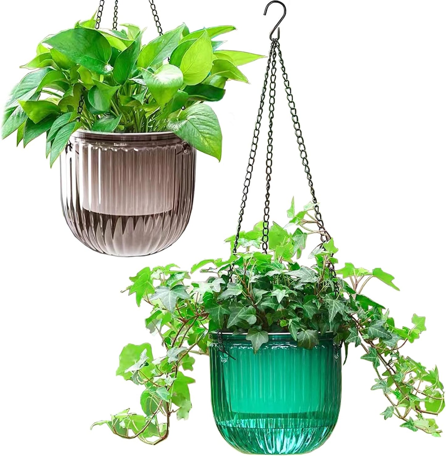 Elegant 2 Pack Self-Watering Hanging Planters - 6.5 Inch Indoor/Outdoor Flower Pots with Drainage Holes and 3 Hooks in Emerald and Gray