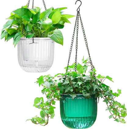 Elegant 2 Pack Self-Watering Hanging Planters - 6.5 Inch Indoor/Outdoor Flower Pots with Drainage Holes and 3 Hooks in Emerald and Gray