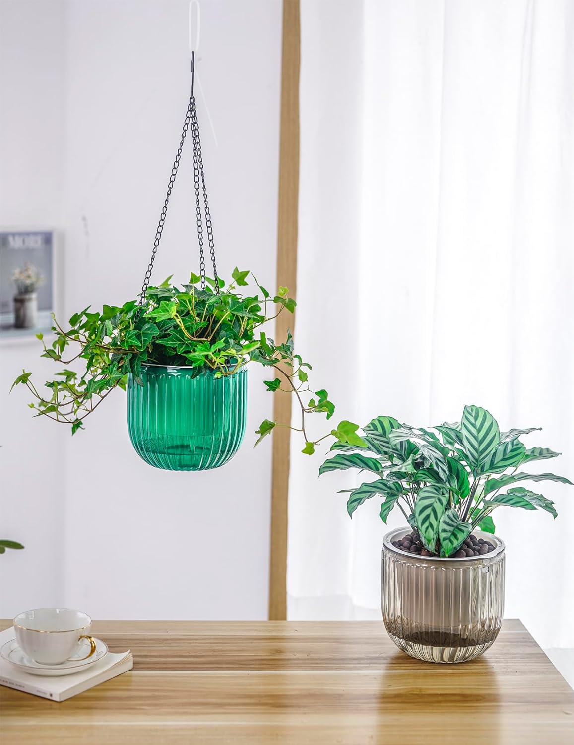 Elegant 2 Pack Self-Watering Hanging Planters - 6.5 Inch Indoor/Outdoor Flower Pots with Drainage Holes and 3 Hooks in Emerald and Gray