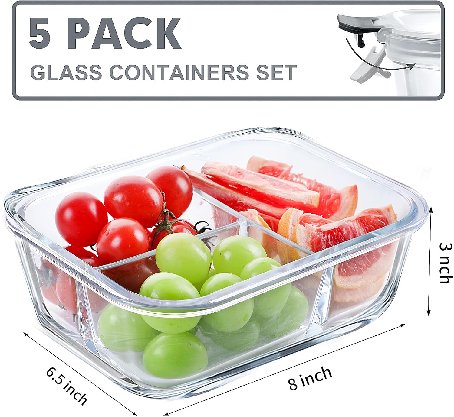 Versatile 5 Pack Glass Meal Prep Containers - 3 Compartment, 36OZ Airtight Lunch Containers for Effortless Meal Storage & On-the-Go Convenience