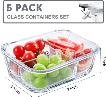 Versatile 5 Pack Glass Meal Prep Containers - 3 Compartment, 36OZ Airtight Lunch Containers for Effortless Meal Storage & On-the-Go Convenience
