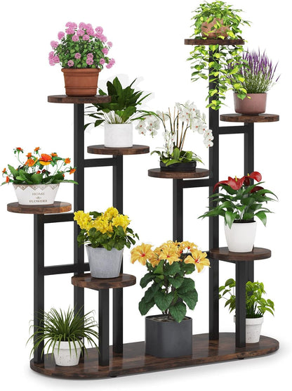 Stylish Multi-Tiered Plant Stand for Indoor and Outdoor Use - Rustic Brown 11-Pot Display Shelf for Beautiful Plant Organization