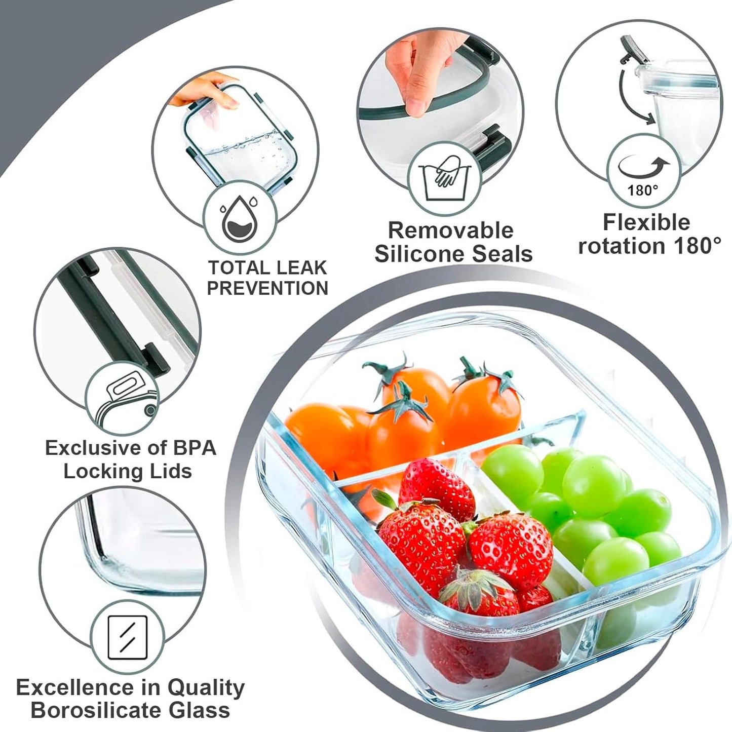Versatile 5 Pack Glass Meal Prep Containers - 3 Compartment, 36OZ Airtight Lunch Containers for Effortless Meal Storage & On-the-Go Convenience