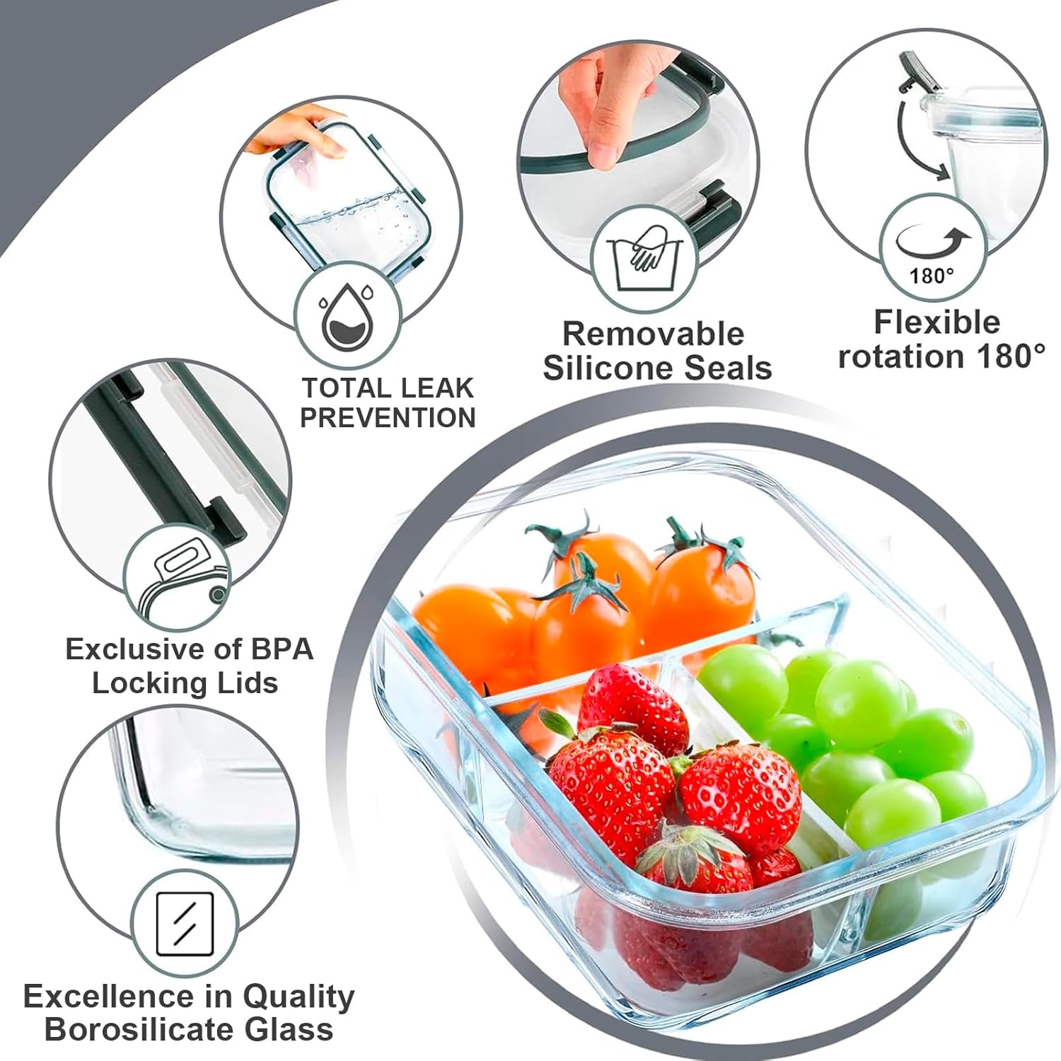 Versatile 5 Pack Glass Meal Prep Containers - 3 Compartment, 36OZ Airtight Lunch Containers for Effortless Meal Storage & On-the-Go Convenience