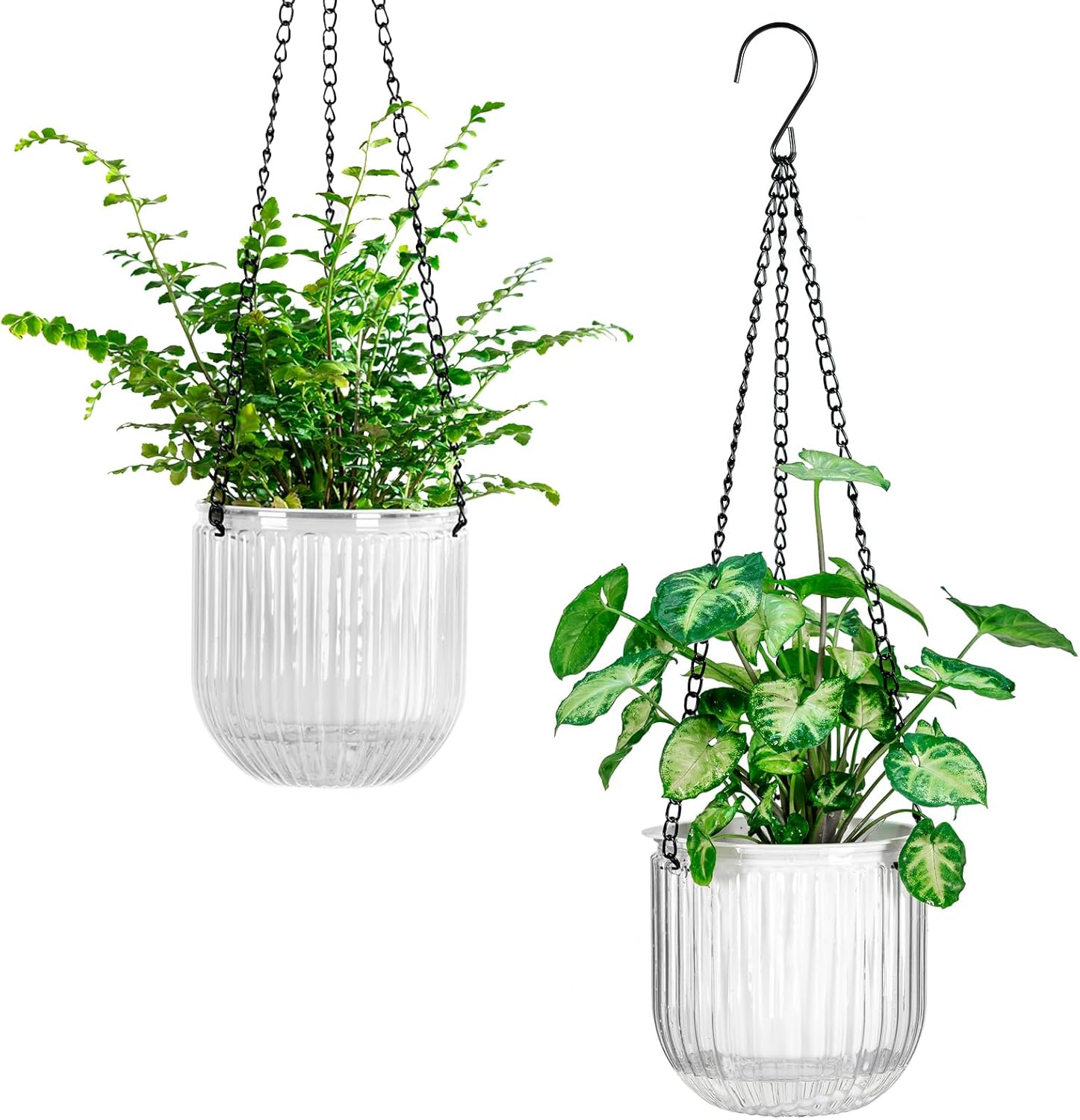 Elegant 2 Pack Self-Watering Hanging Planters - 6.5 Inch Indoor/Outdoor Flower Pots with Drainage Holes and 3 Hooks in Emerald and Gray
