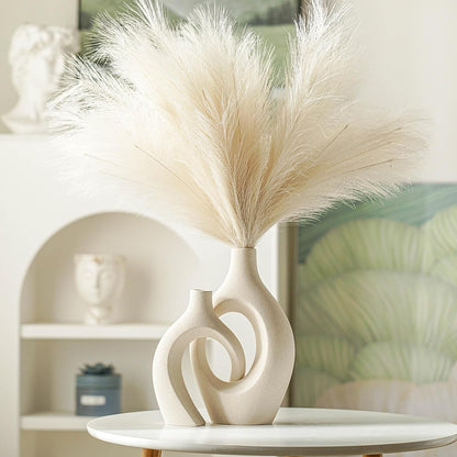 Elegant Snuggle Hollow Ceramic Vase Set of 2 - Boho Nordic Mid Century Modern Decorative Vases for Stylish Home Decor (Cream, 6.8" x 11")