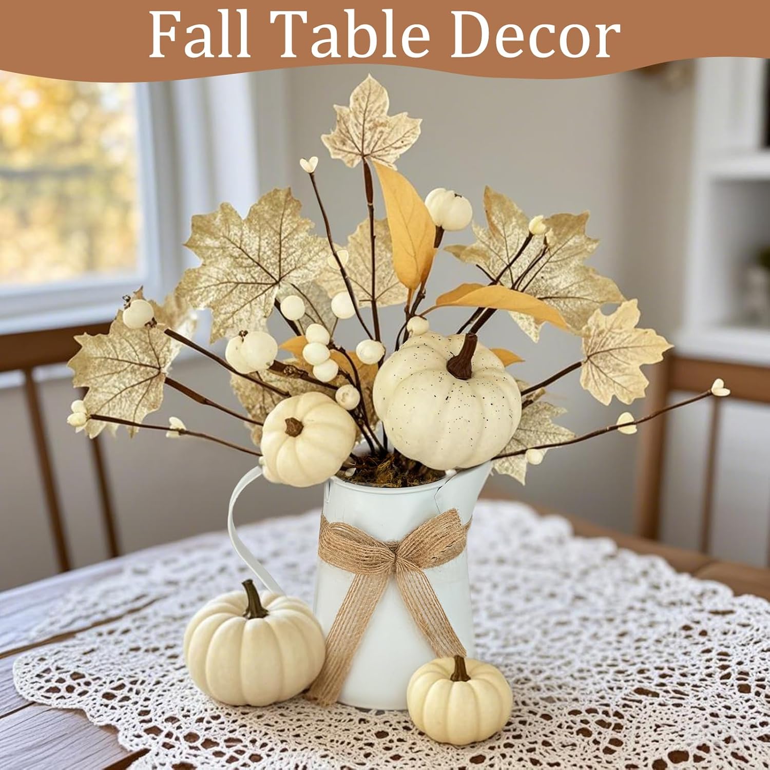 [Light & Timer] Fall Decor Table Centerpiece Potted White Maple Arrangement in Metal Pitcher Neutral Rustic Artificial White Pumpkin Berries Fall Decoration for Home Mantel Autumn Thanksgiving Wedding