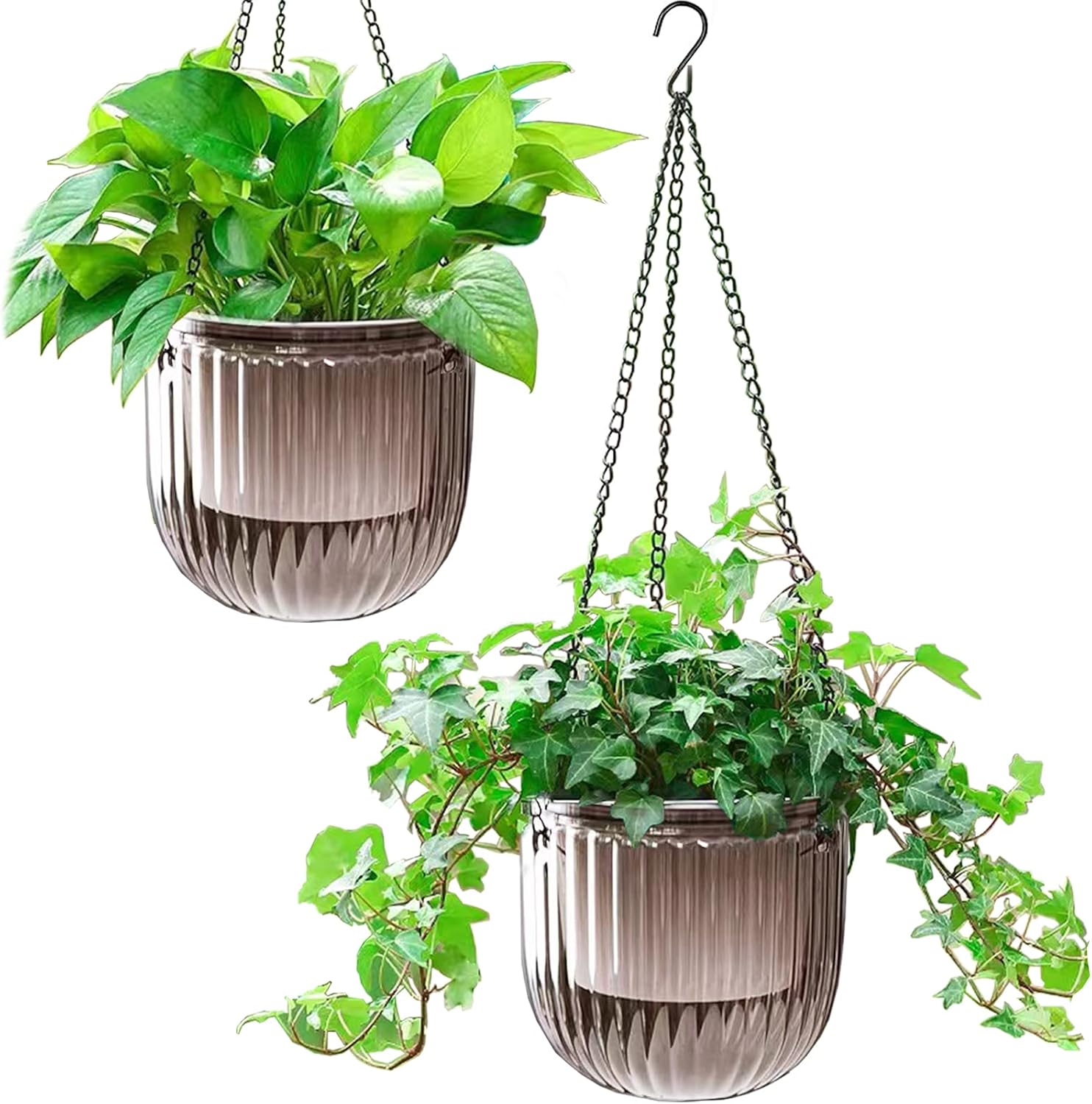 Elegant 2 Pack Self-Watering Hanging Planters - 6.5 Inch Indoor/Outdoor Flower Pots with Drainage Holes and 3 Hooks in Emerald and Gray
