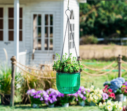 Elegant 2 Pack Self-Watering Hanging Planters - 6.5 Inch Indoor/Outdoor Flower Pots with Drainage Holes and 3 Hooks in Emerald and Gray